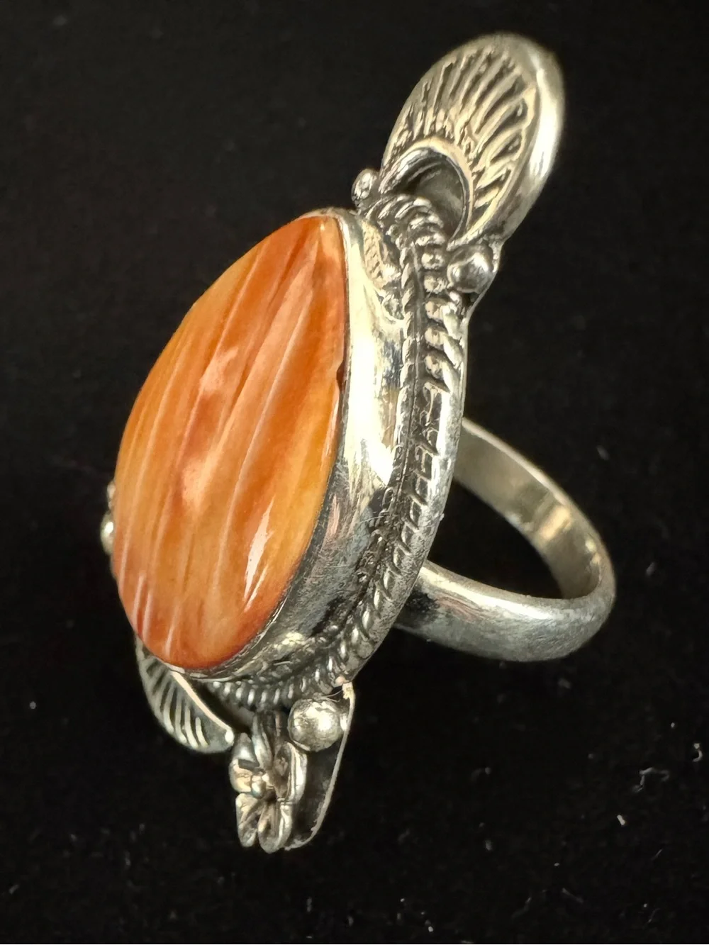 Sterling Silver genuine Orange spiny oyster Teardrop Statement Ring.